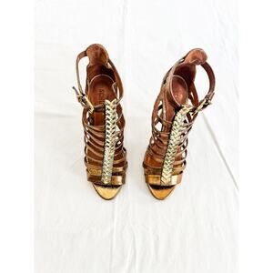 Schutz Metallic Gold Caged Sandals Stiletto Heel Size 9